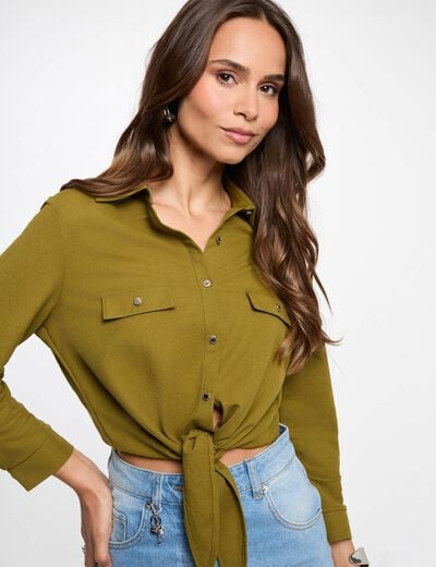 Chemise nou&eacute;e col &agrave; revers vert olive femme