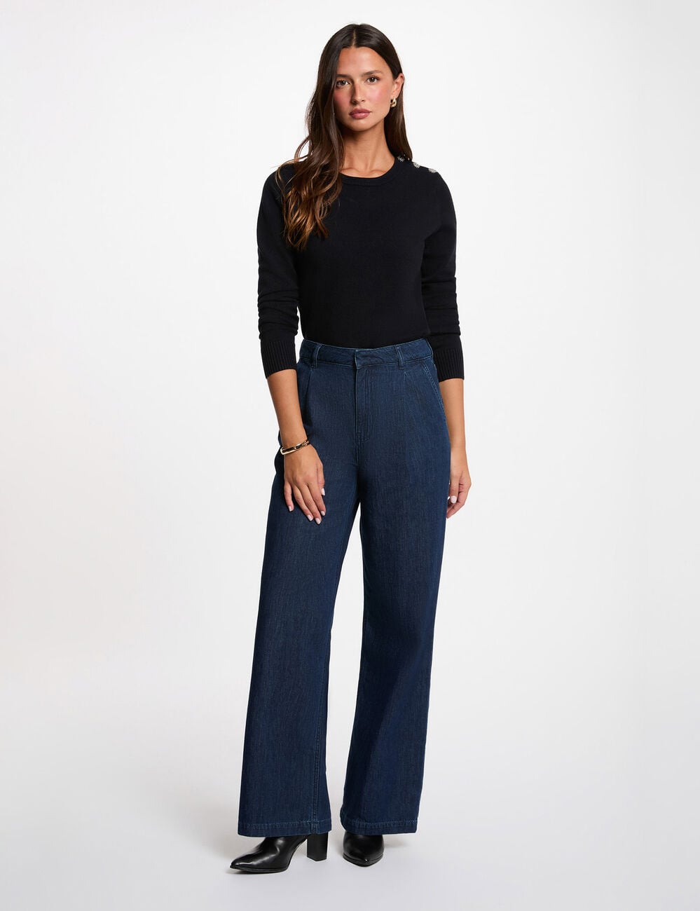 Pull col rond boutons bleu marine femme