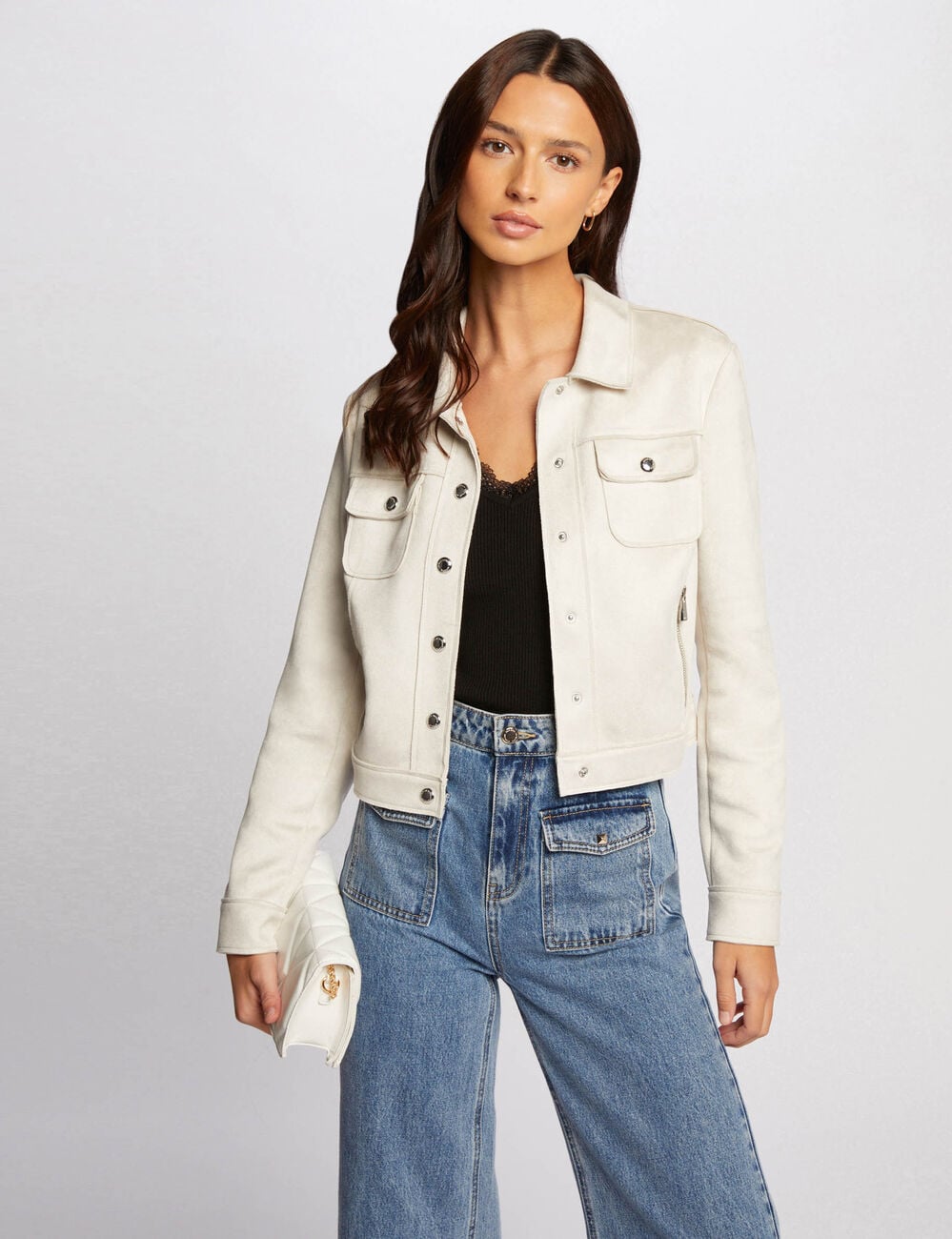 Blouson su&eacute;dine boutonn&eacute; ecru femme