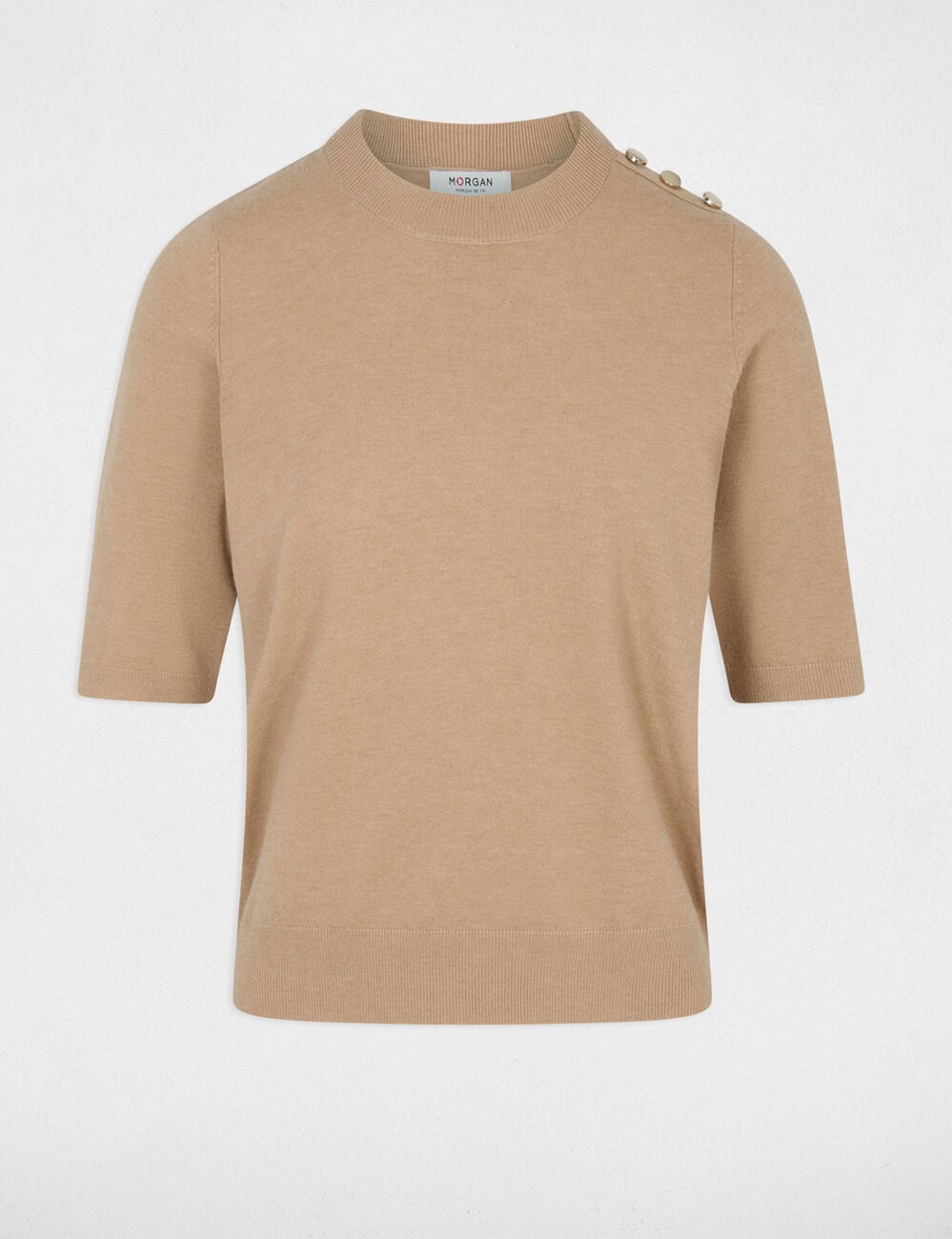 Pull col rond manches courtes beige femme