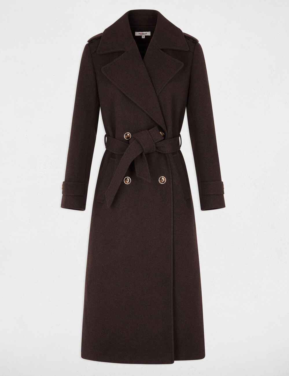 Manteau long ceintur&eacute; marron fonc&eacute; femme