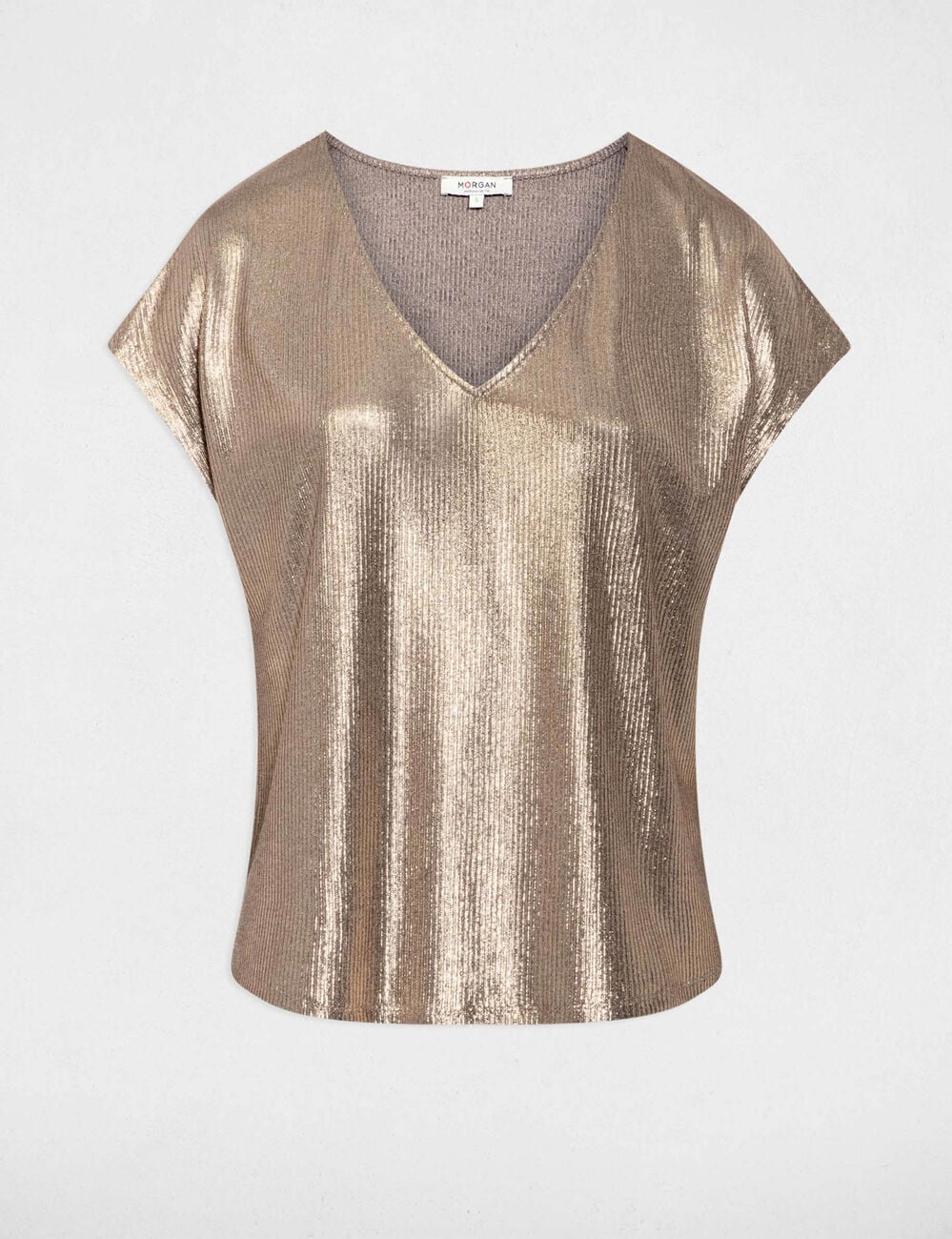 T-shirt col v c&ocirc;tel&eacute; couleur bronze femme