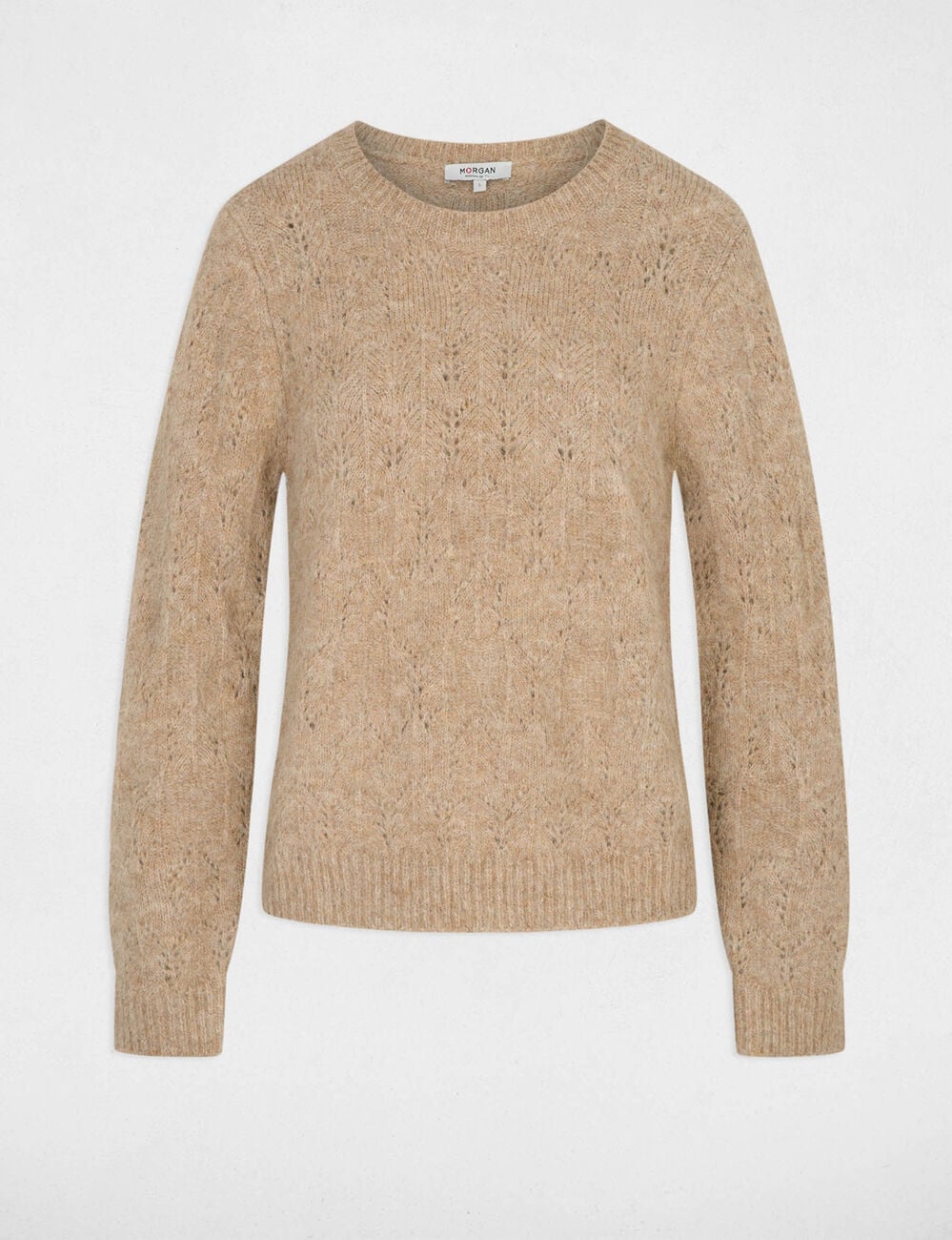 Pull ajour&eacute; col rond beige femme
