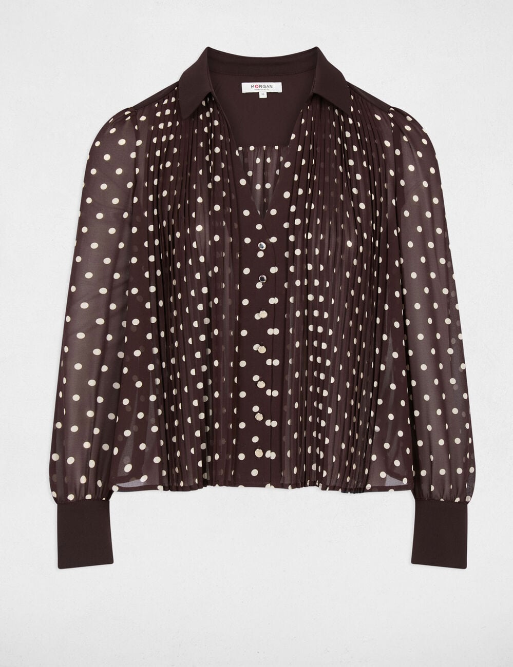 Chemise manches longues &agrave; pois marron fonc&eacute; femme