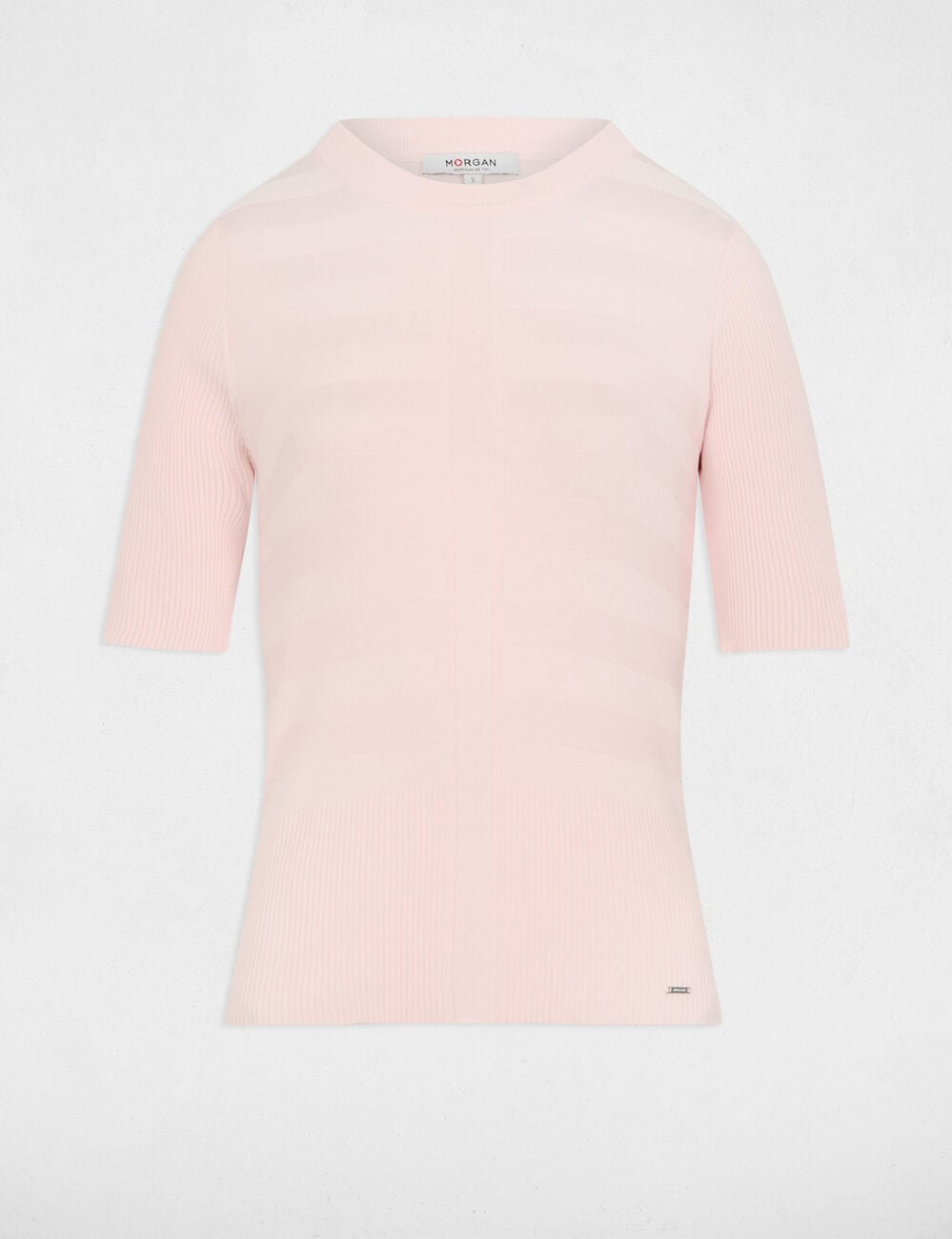 Pull col rond manches courtes rose clair femme