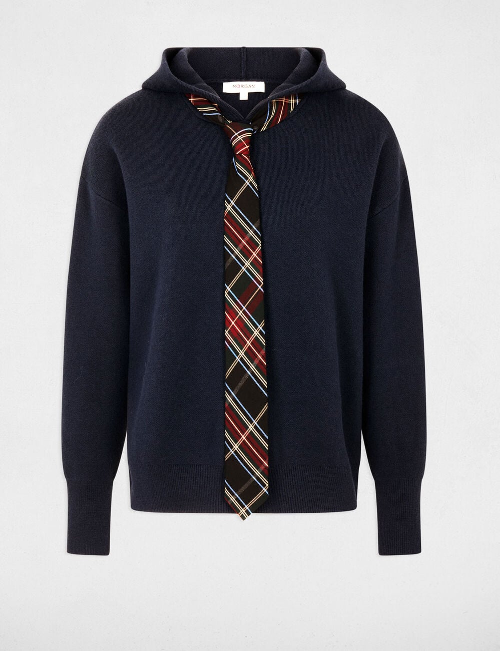 Pull &agrave; capuche bleu marine femme