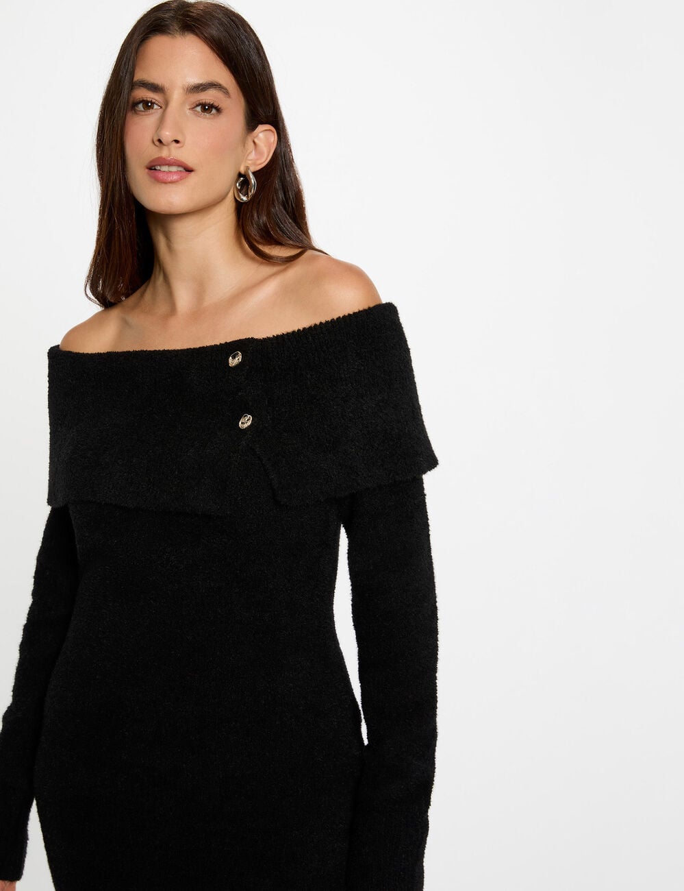 Robe tricot col bardot noir femme