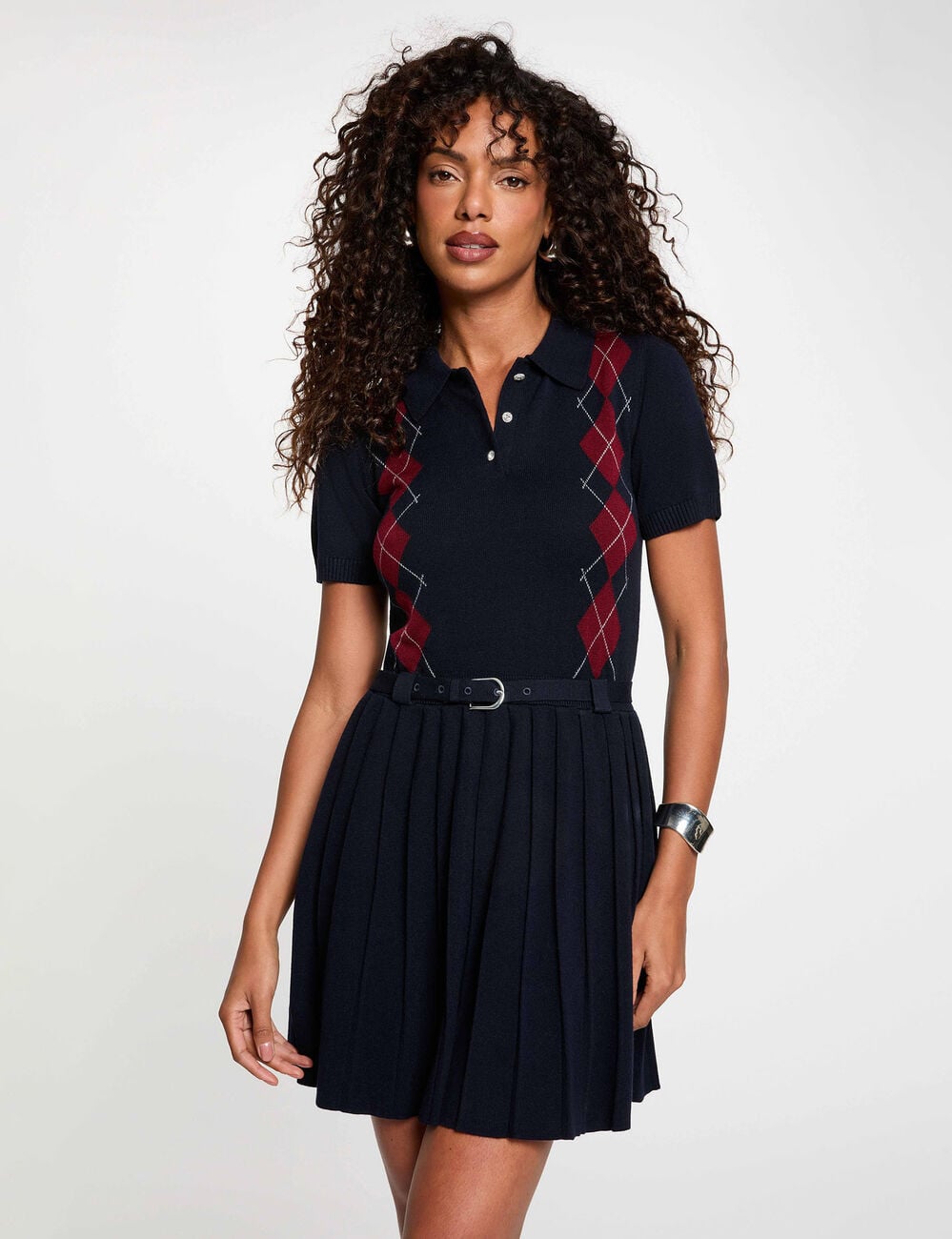 Robe tricot col &agrave; revers bleu marine femme
