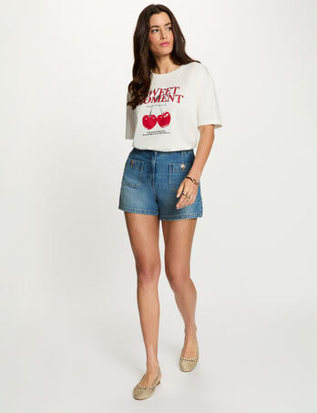 T-shirt imprim&eacute; col rond blanc femme