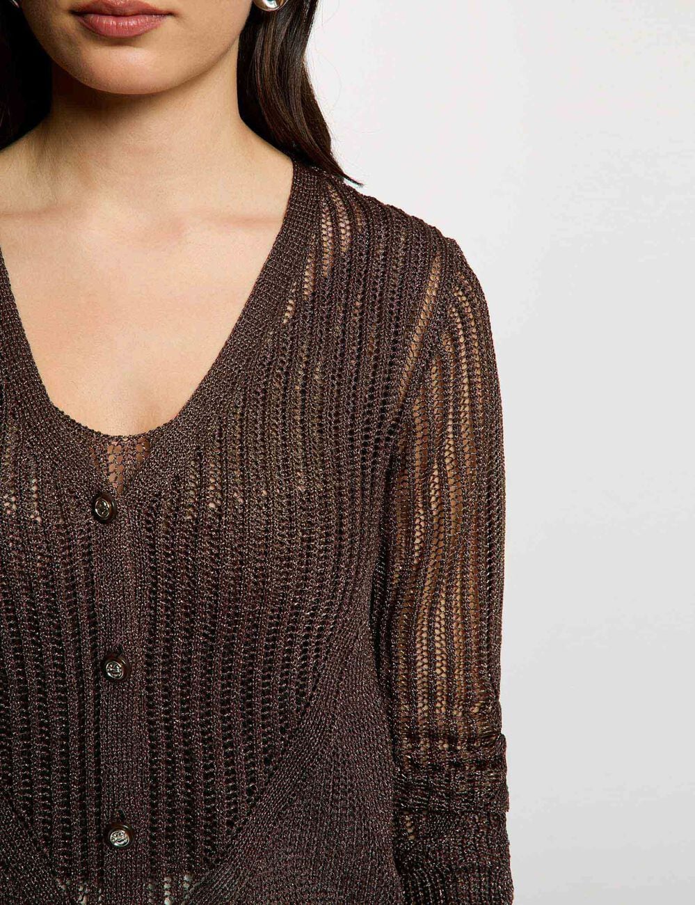 Gilet manches longues ajour&eacute; marron fonc&eacute; femme