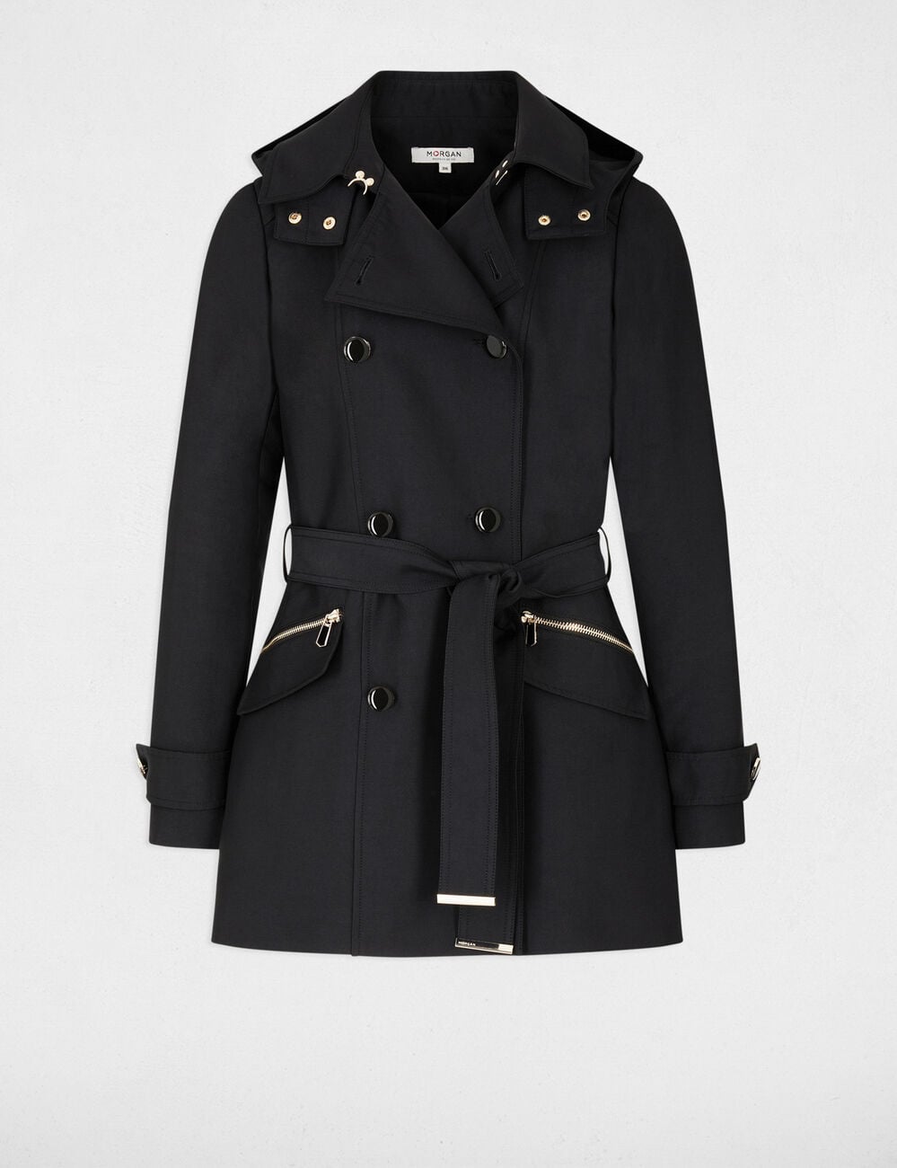 Trench cintr&eacute; ceintur&eacute; &agrave; capuche noir femme