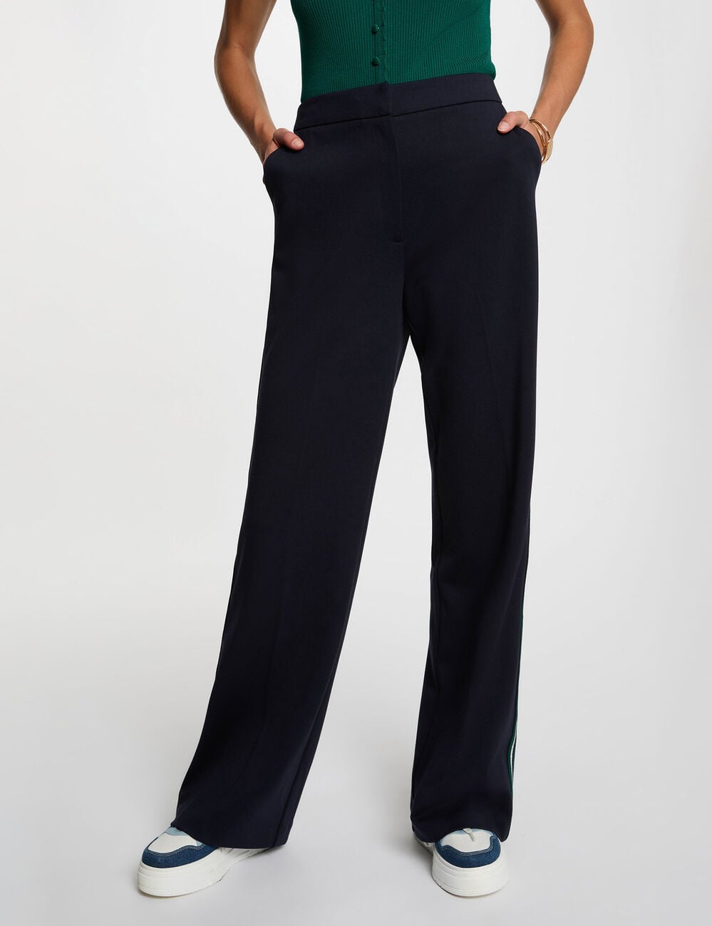 Pantalon large bandes c&ocirc;t&eacute;s bleu marine femme