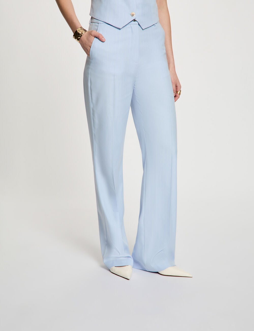 Pantalon droit taille haute bleu ciel femme