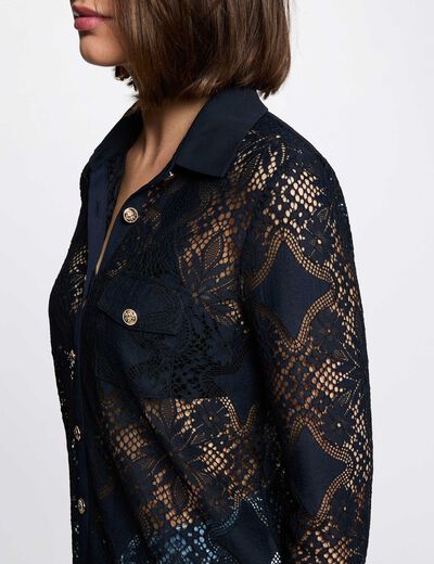Chemise dentelle col &agrave; revers bleu marine femme