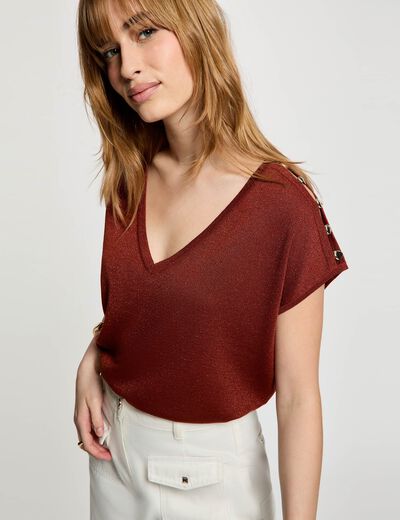 Pull oversize col v marron cognac femme