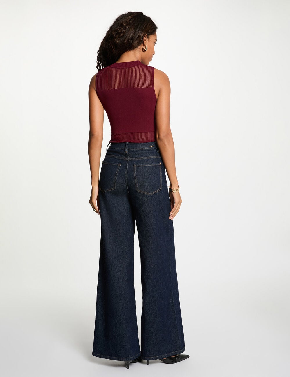 Top maille sans manches bordeaux femme