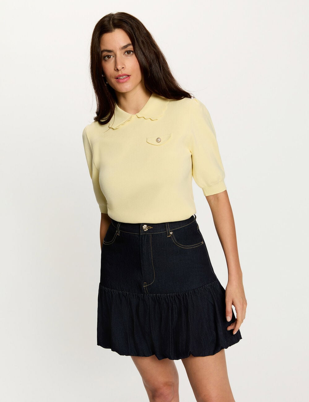 Pull manches bouffantes jaune pastel femme