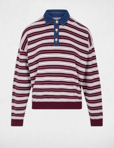 Pull ray&eacute; col &agrave; revers bordeaux femme