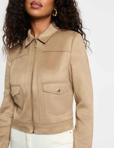 Blouson su&eacute;dine zipp&eacute; taupe femme