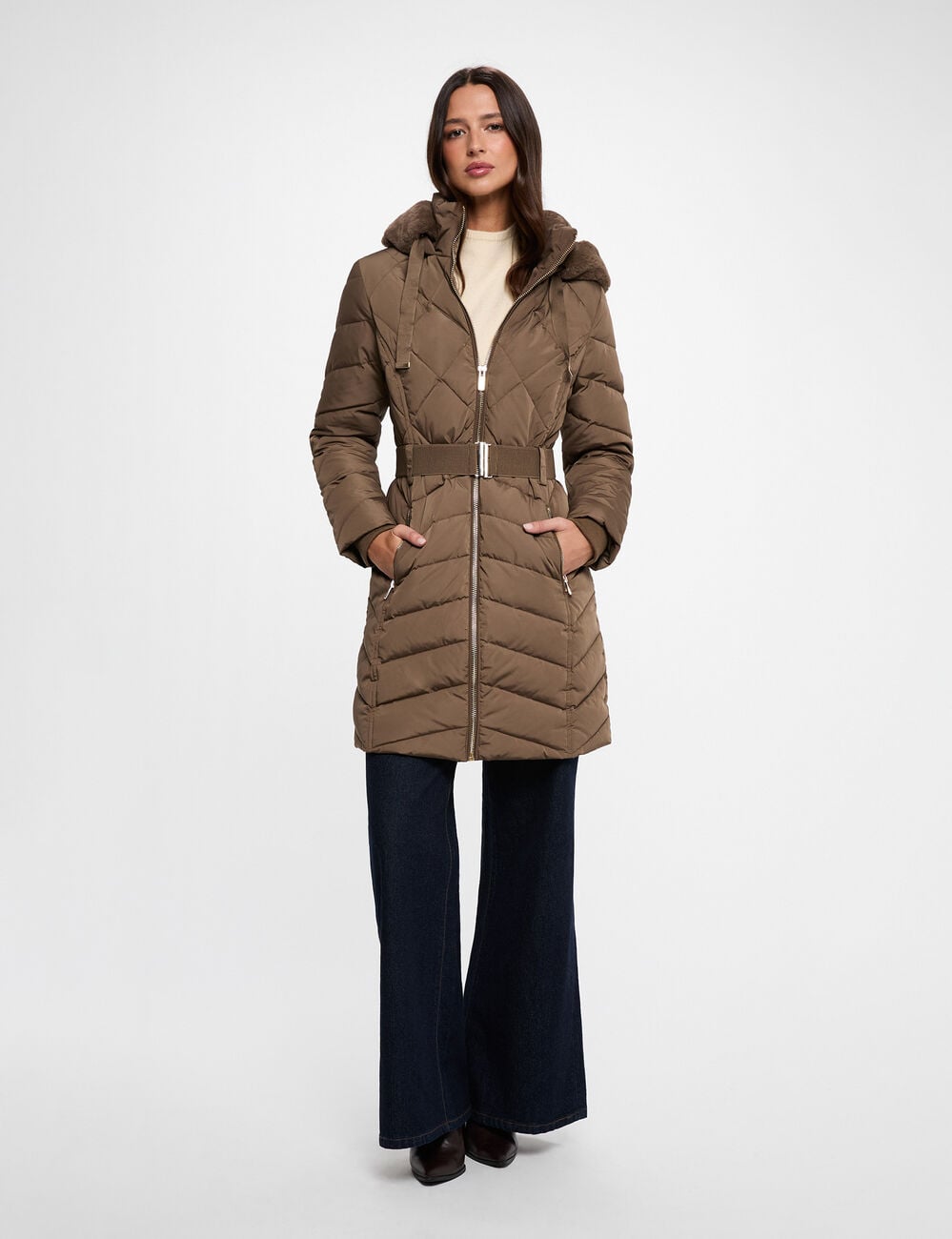 Doudoune longue capuche vert kaki femme
