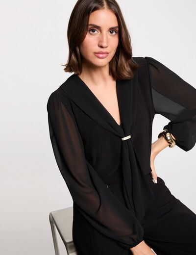 T-shirt voile col lavalli&egrave;re noir femme