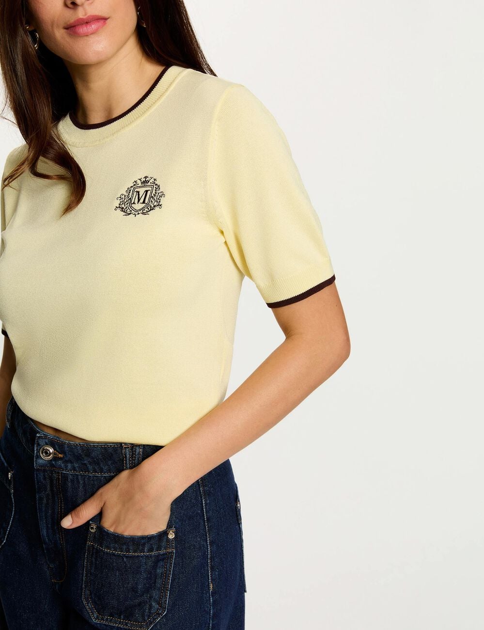 Pull manches courtes jaune pastel femme