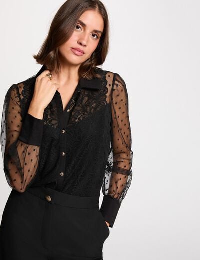 T-shirt dentelle manches longues noir femme