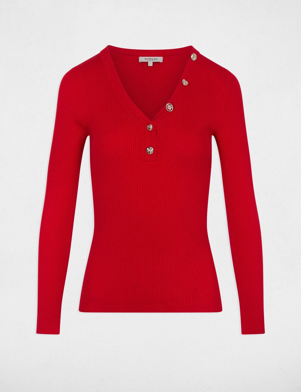 Pull col v fantaisie rouge femme