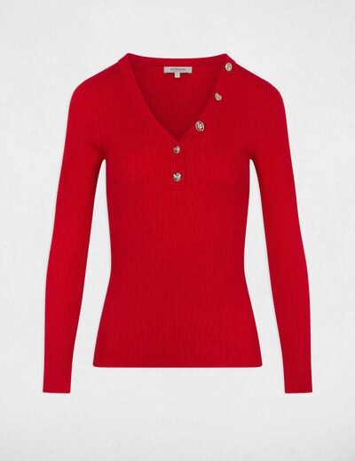 Pull col v fantaisie rouge femme