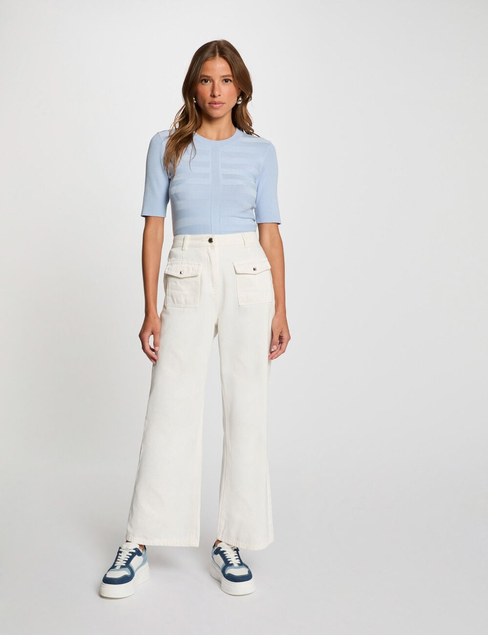 Pull col rond manches courtes bleu ciel femme