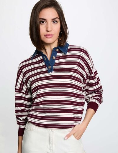 Pull ray&eacute; col &agrave; revers bordeaux femme
