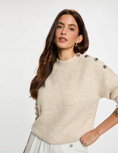 Pull court col fantaisie beige femme