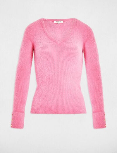Pull manches longues maille duveteuse rose femme