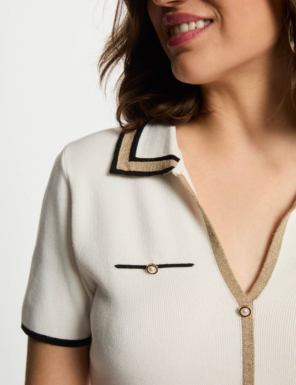 Pull col polo manches courtes blanc femme