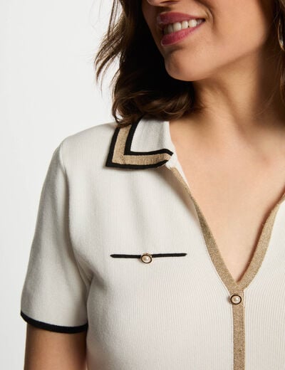 Pull col polo manches courtes blanc femme