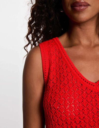 Top crochet col v rouge vif femme