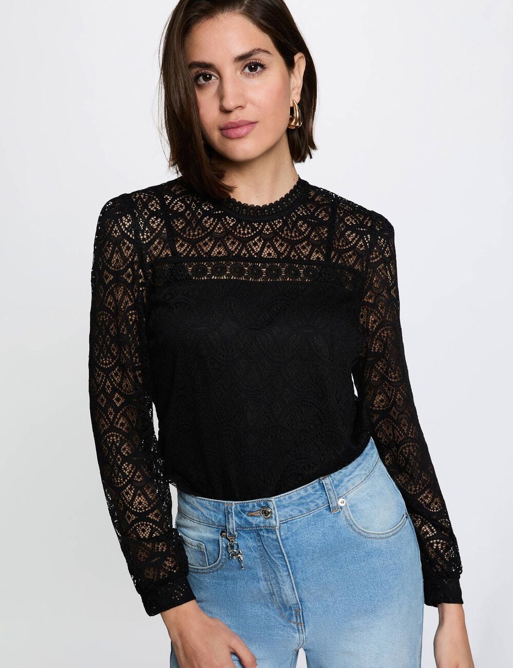 T-shirt dentelle manches longues noir femme