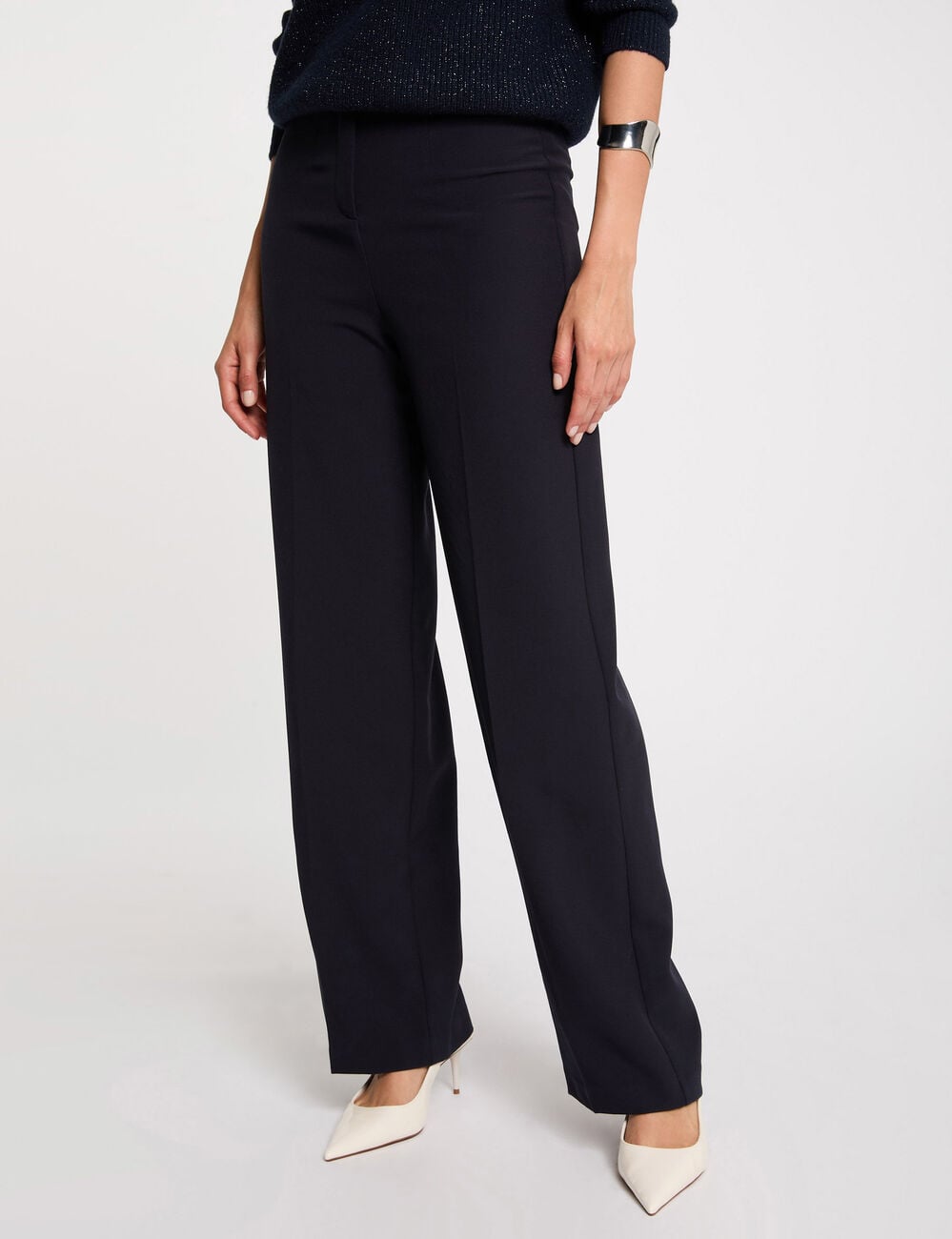 Pantalon droit &agrave; pinces bleu marine femme