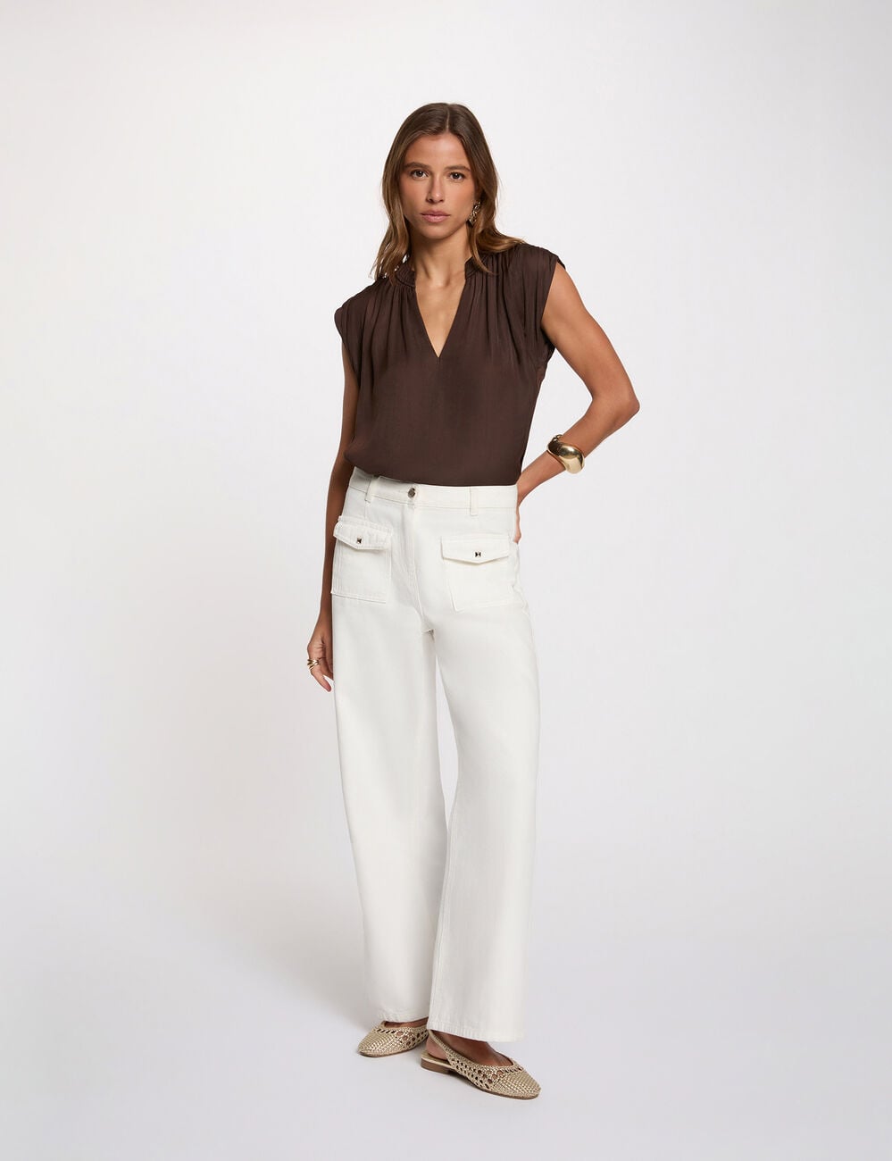 Blouse manches courtes satin marron fonc&eacute; femme