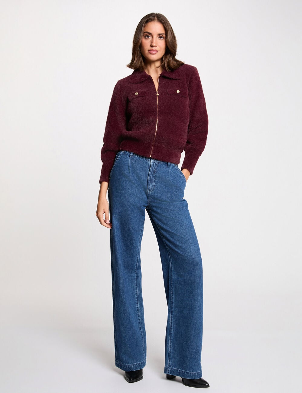 Gilet manches longues col &agrave; revers prune femme