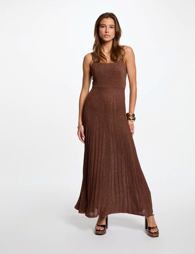 Robe tricot longue droite marron cognac femme