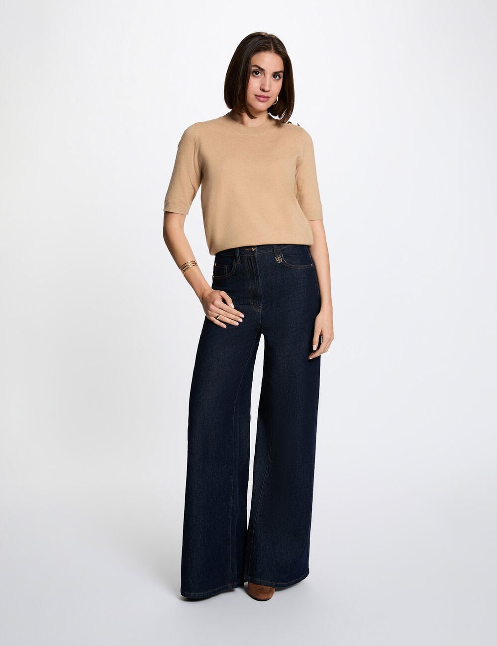 Pull col rond manches courtes beige femme