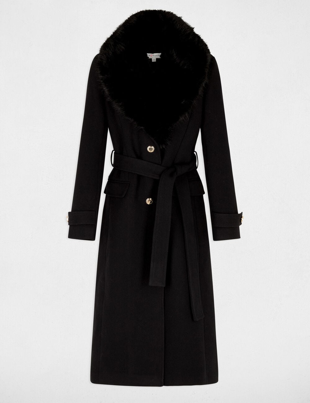 Manteau long ceintur&eacute; noir femme
