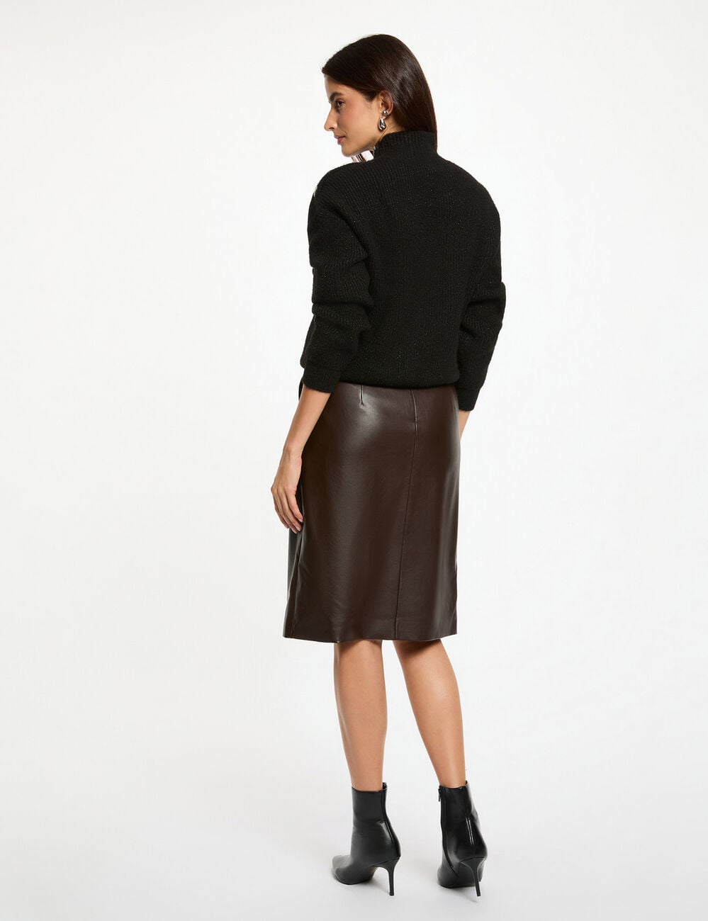 Jupe ajust&eacute;e simili cuir marron fonc&eacute; femme