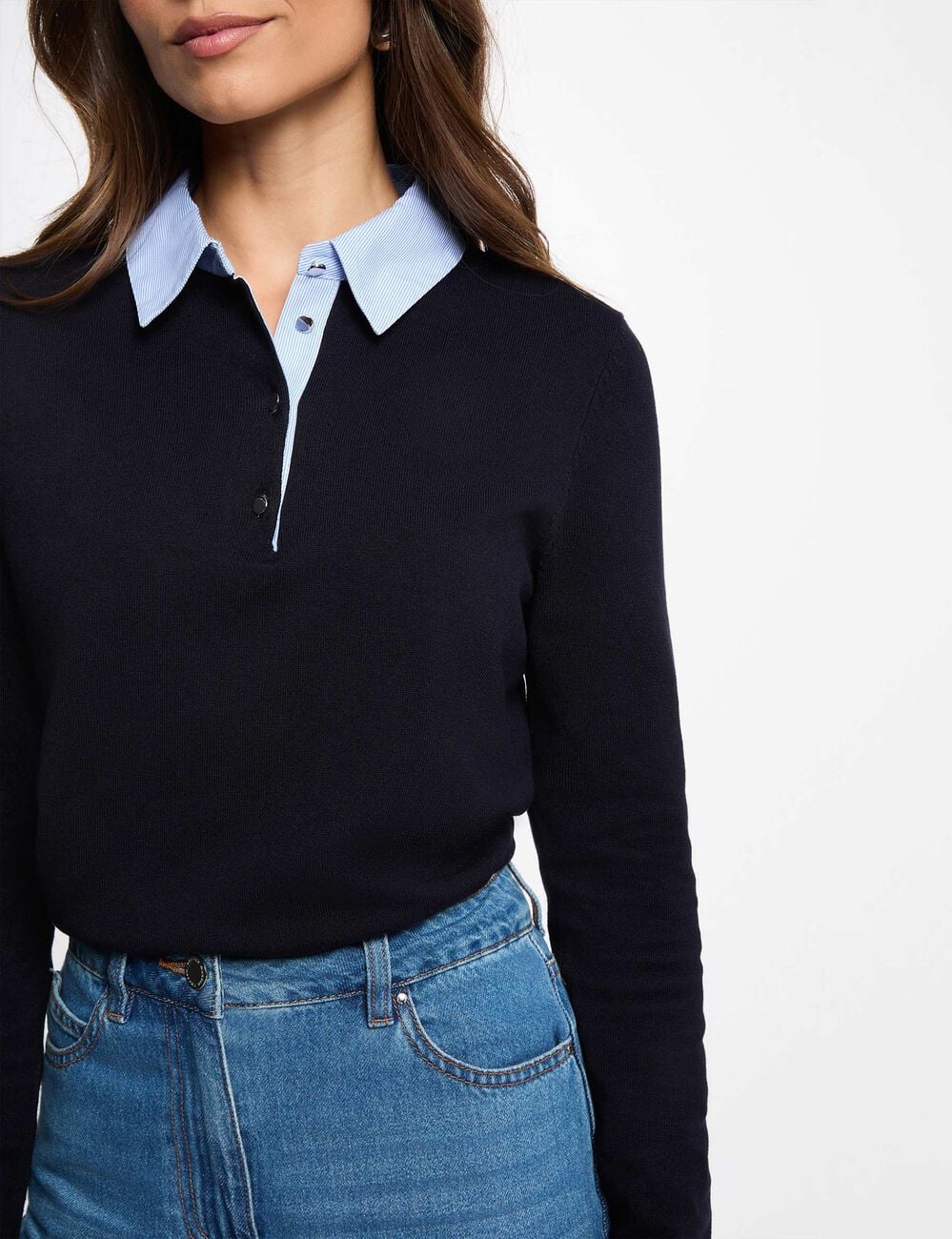 Pull col chemise bleu marine femme