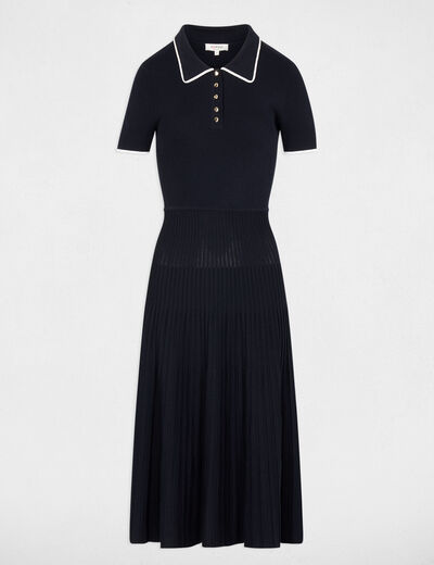 Robe tricot col &agrave; revers bleu marine femme