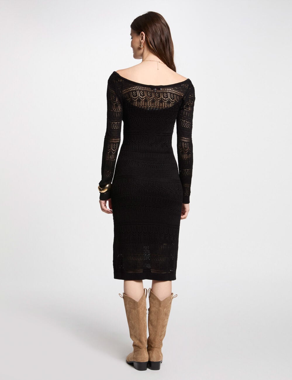 Robe tricot longue ajust&eacute;e noir femme