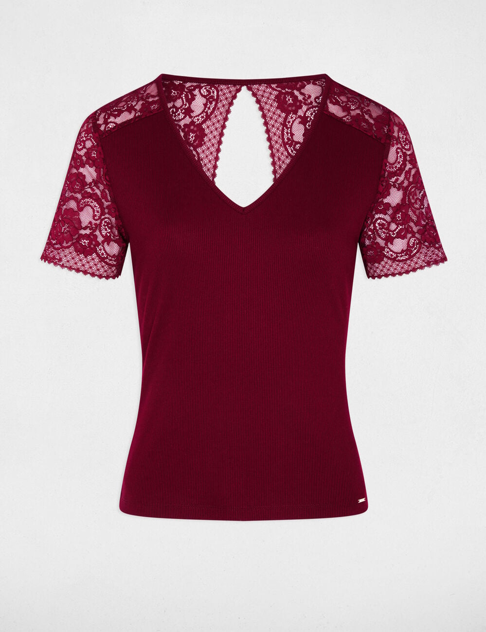 T-shirt dentelle col v bordeaux femme