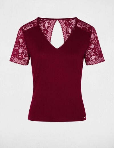 T-shirt dentelle col v bordeaux femme