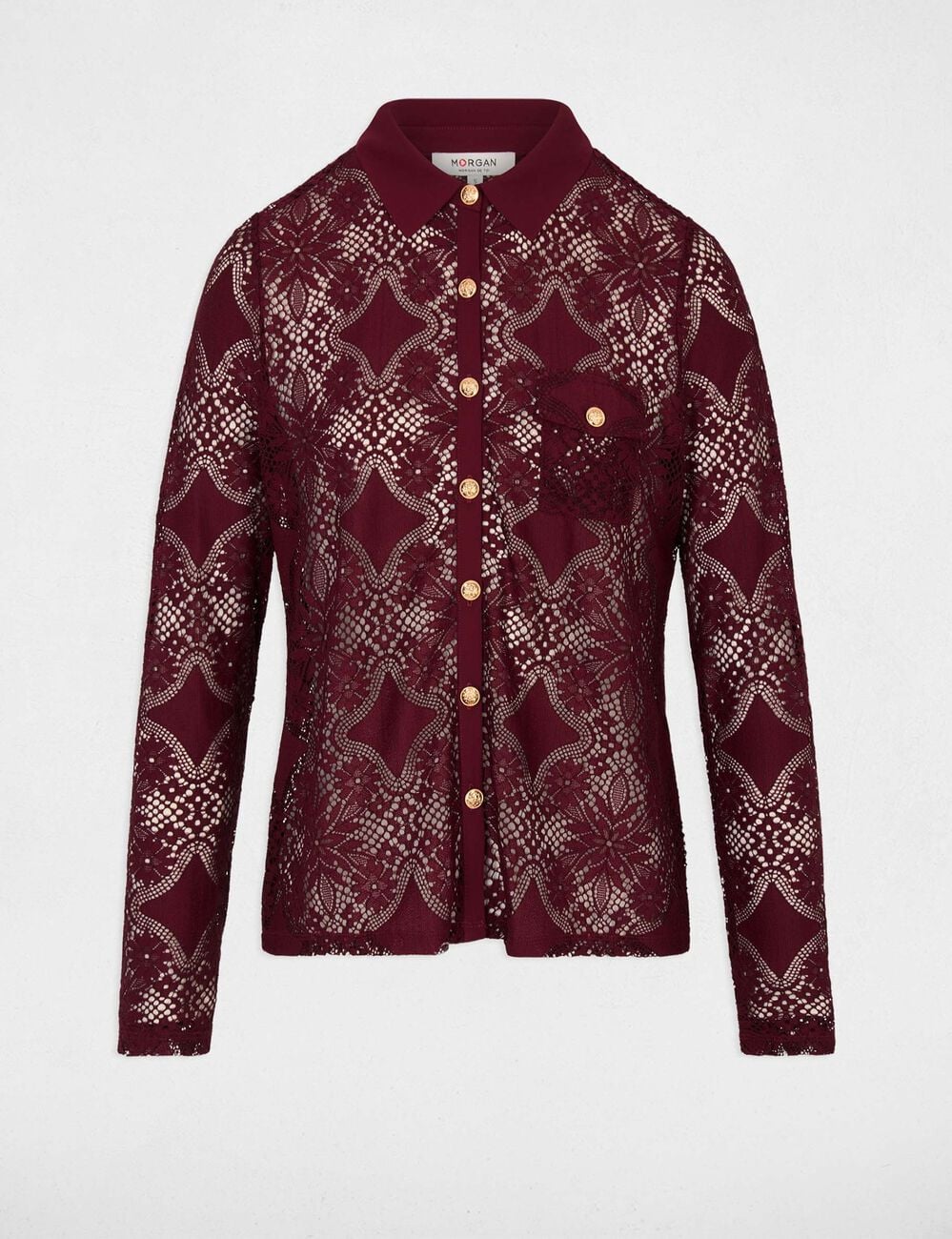 Chemise dentelle col &agrave; revers bordeaux femme